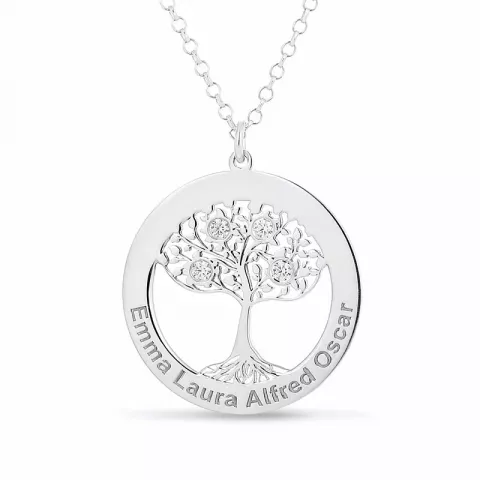 livets træ Navnehalskæde med vedhæng i sølv med  hvid swarovski krystal