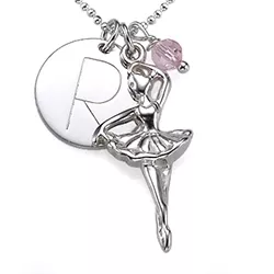 Ballerina navnehalskæde med vedhæng i sølv med 1 facetsleben klar quartz