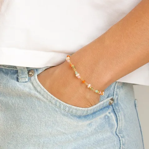 multifarvet sten armbånd i forgyldt sølv 16 + 3 cm x 4,3 mm