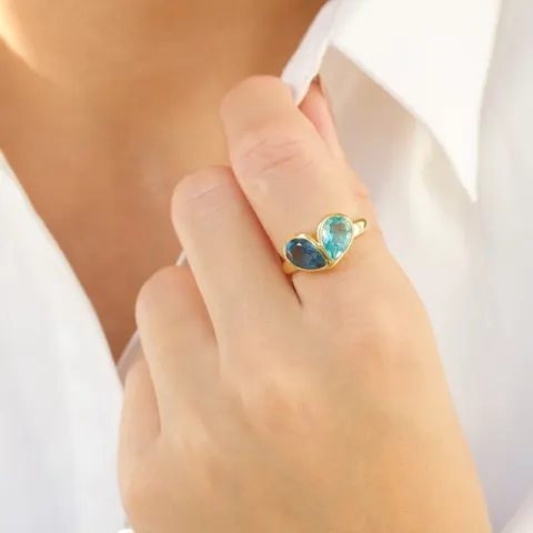 blå krystal ring i forgyldt messing - Loom Stones