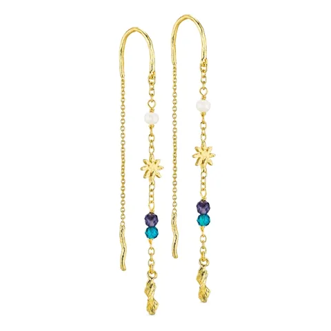 lange blå kæde øreringe i forgyldt messing - Eliné