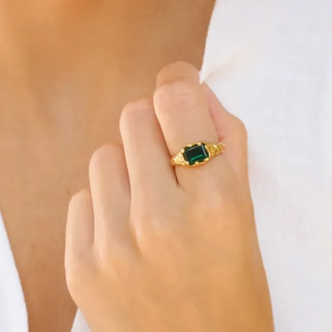 grøn krystal ring i forgyldt messing - Eliné