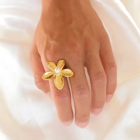 vandfast blomster justerbar ring i forgyldt stål - OCEANA
