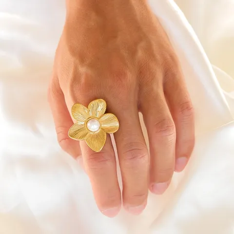 vandfast blomster ring i forgyldt stål - OCEANA