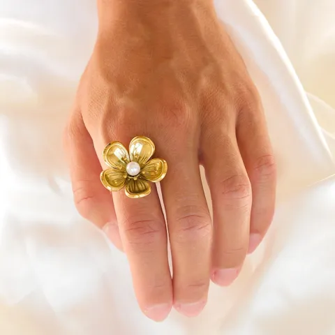 vandfast blomster ring i forgyldt stål - OCEANA