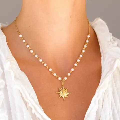 vandfast sol perle halskæde i forgyldt stål - OCEANA