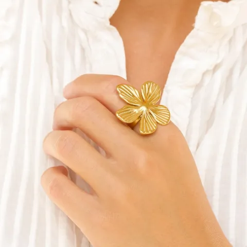 vandfast blomster ring i forgyldt stål - OCEANA