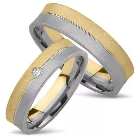 Sandblæste vielsesringe i 14 karat guld.- og hvidguld 0,030 ct - sæt