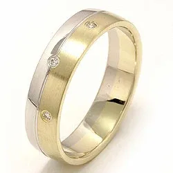 mat og blank bred vielsesring i 14 karat guld.- og hvidguld 0,03 ct