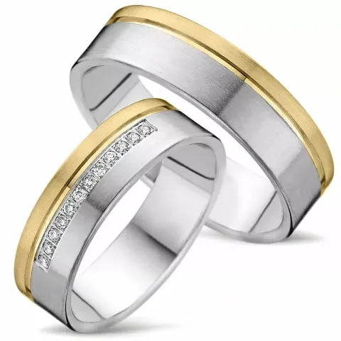 Bredde tofarvet vielsesringe i 14 karat guld.- og hvidguld 0,008 ct - sæt