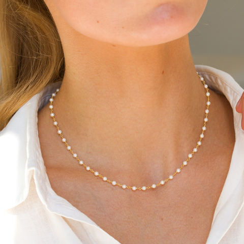 rund hvid perle halskæde i forgyldt sølv 40 cm plus 5 cm x 3,3 mm