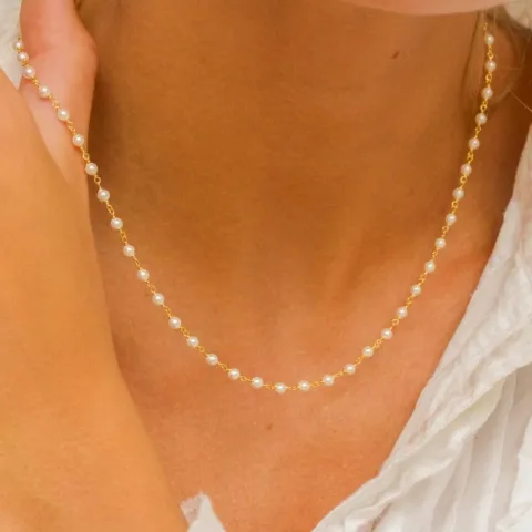 rund hvid perle halskæde i forgyldt sølv 40 cm plus 5 cm x 3,3 mm