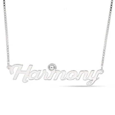 Navnehalskæde med vedhæng i sølv med 1 hvide krystaller