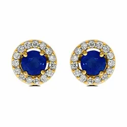 runde ørestikker i 14 karat guld med safir og diamant