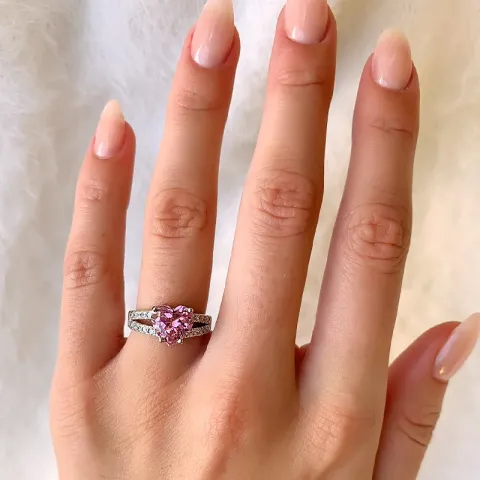 Hjerte pink zirkon ring i sølv