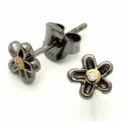 små blomster ørestikker i sort rhodineret sølv med forgyldt sølv