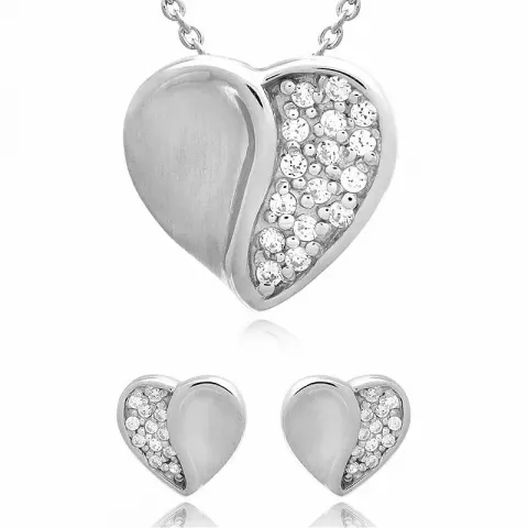 Hjerte sæt med øreringe og halskæde i sølv hvid zirkon