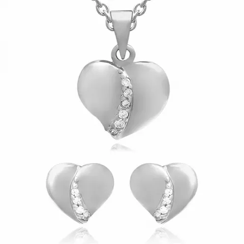 Hjerte sæt med øreringe og halskæde i sølv hvid zirkon