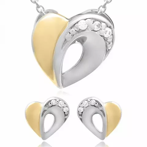 Hjerte sæt med øreringe og halskæde i forgyldt sølv hvid zirkon