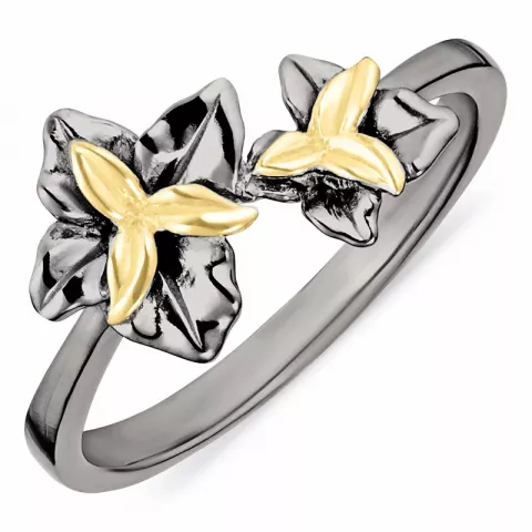 Dark Harmony blomster ring i sort rhodineret sølv med forgyldt sølv