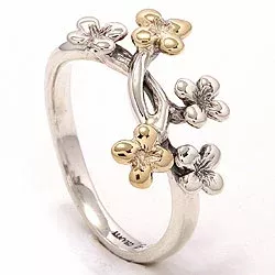 Blomster ring i oxideret sterlingsølv med 8 karat guld