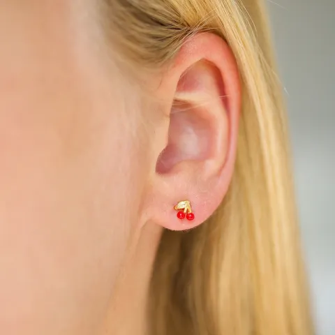 Enamel cherry øreringe i forgyldt sølv rød emalje