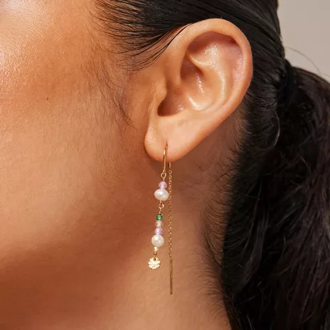 Enamel Sofia lyserød kæde øreringe i forgyldt sølv grøn emalje lyserød emalje