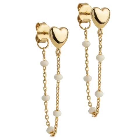 Enamel Lola Heart hjerte Daisy kæde øreringe i forgyldt sølv hvid emalje