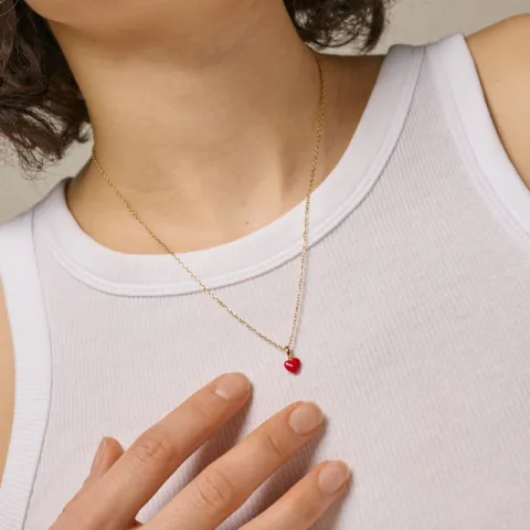 Enamel Amore hjerte halskæde i forgyldt sølv rød emalje