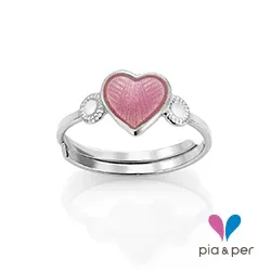 Pia og Per brillantsleben hjerte ring i sølv lyserød emalje