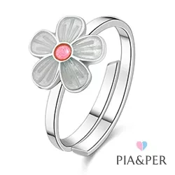 Pia og Per blomst ring i sølv hvid emalje pink emalje