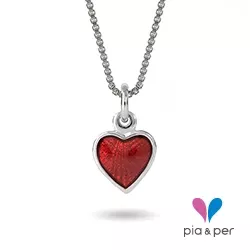 Pia og Per hjerte halskæde i sølv rød emalje
