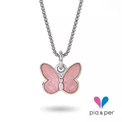 Pia og Per sommerfugl halskæde i sølv lyserød emalje