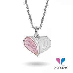 Pia og Per hjerte halskæde i sølv hvid emalje lyserød emalje
