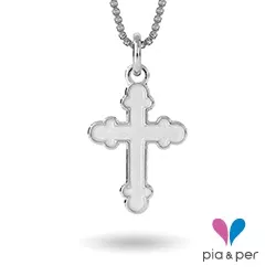Pia og Per kors halskæde i sølv hvid emalje