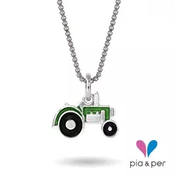 Pia og Per traktor halskæde i sølv grøn emalje sort emalje