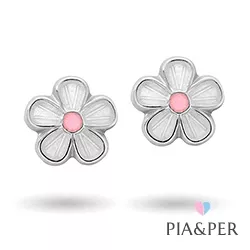 Pia og Per blomst øreringe i sølv hvid emalje lyserød emalje