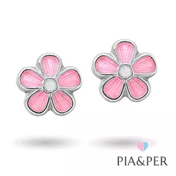 Pia og Per blomst øreringe i sølv lyserød emalje hvid emalje