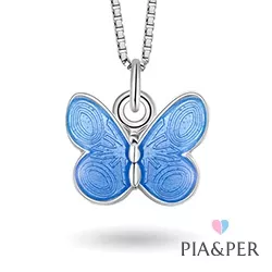Pia og Per sommerfugl halskæde i sølv blå emalje