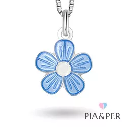 Pia og Per blomst halskæde i sølv blå emalje hvid emalje