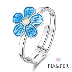Pia og Per blomst ring i sølv blå emalje hvid emalje