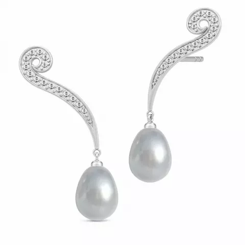 Julie Sandlau grå perle øreringe i satinrhodineret sterlingsølv hvid zirkon