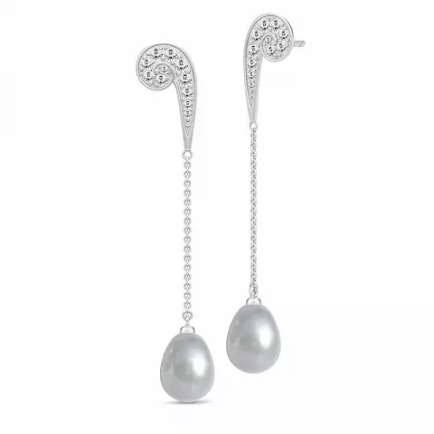 Lange Julie Sandlau grå perle øreringe i satinrhodineret sterlingsølv hvid zirkon