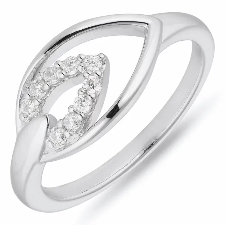 Abstrakt blad hvid zirkon ring i rhodineret sølv