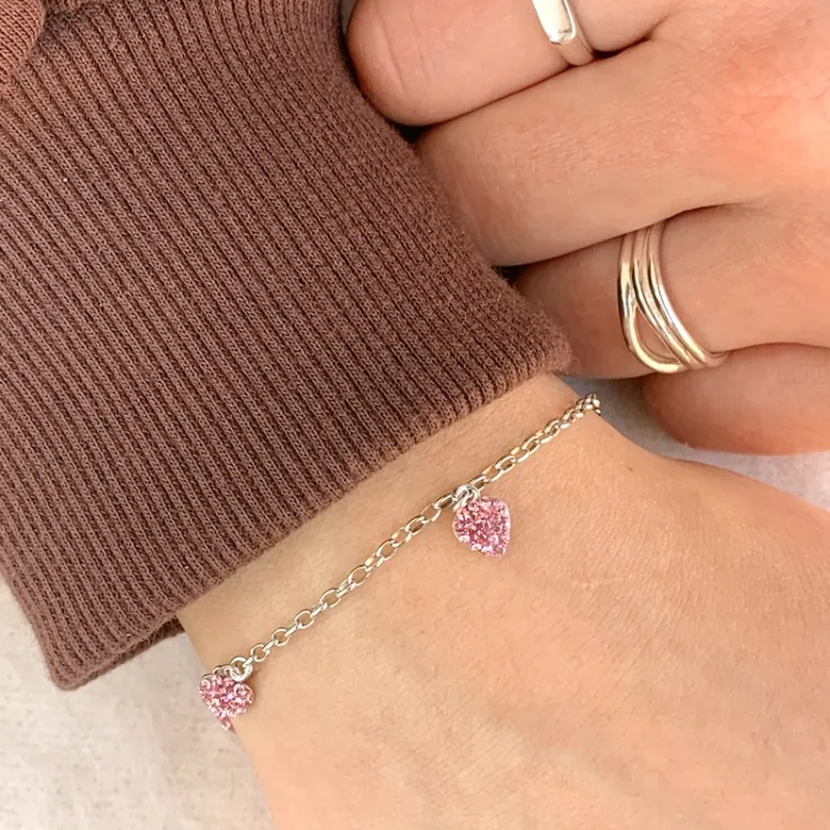 børne Nordahl Andersen hjerte armbånd i rhodineret sølv lyserød zirkon