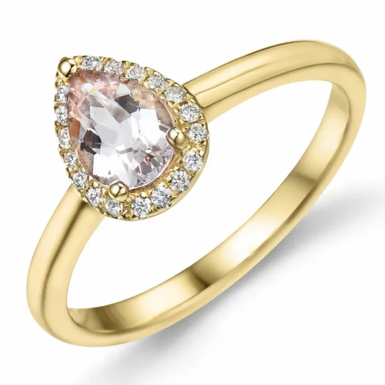 dråbe morganit diamantring i 14 karat guld 0,64 ct 0,09 ct