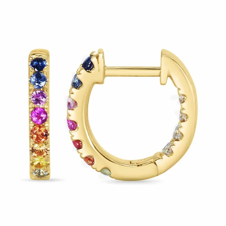 12 mm multifarvede safir creoler i 14 karat guld med diamant og safir