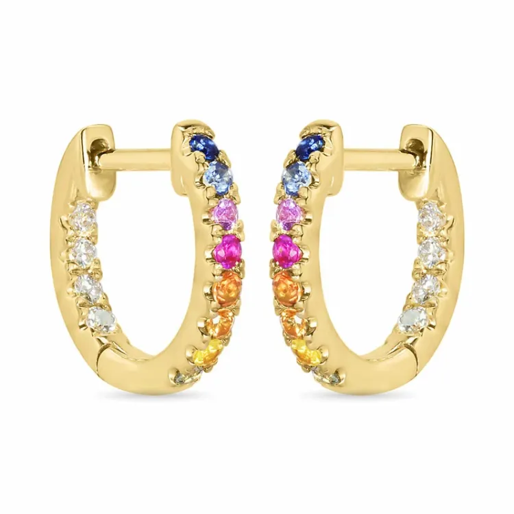 12 mm multifarvede safir creoler i 14 karat guld med diamant og safir