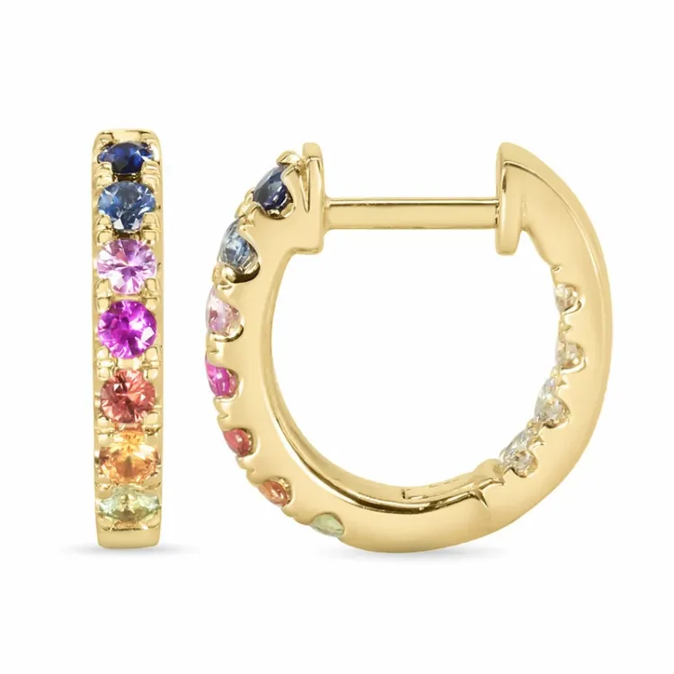 14 mm multifarvede safir creoler i 14 karat guld med diamant og safir