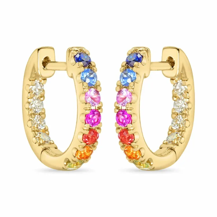 14 mm multifarvede safir creoler i 14 karat guld med diamant og safir
